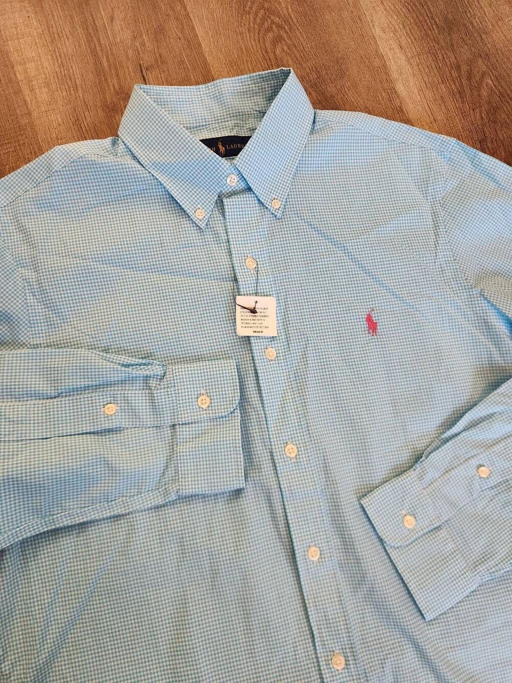 NWT Polo Ralph Lauren Mens Check Blue Aqua Cotton Button Up Pink Pony
